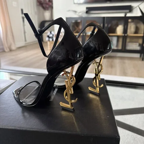 YSL Yves Saint Laurent 630109 Vernice Chiffon Nero Lucido Sandals - Picture 5 of 10